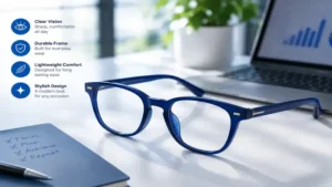 Blue frame glasses on a clean workspace showing stylish everyday eyewear.