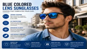 Blue colored lens sunglasses paired with casual fashion for a modern appearance