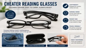 Foldable cheater reading glasses with a compact design for travel, pocket, and everyday convenience.