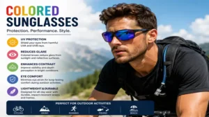 Colored sunglasses providing eye protection during outdoor activities
