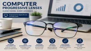Modern eyeglasses with computer progressive lenses designed for office and home computer use