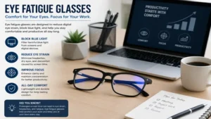 Eye fatigue glasses placed on a modern workspace desk beside a laptop and notebook