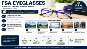 FSA eyeglasses with single vision, progressive, and blue light filtering lens choices for different needs.