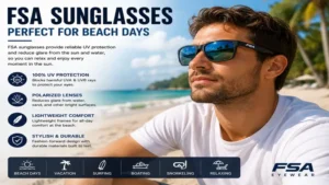 FSA sunglasses providing reliable eye protection while relaxing at the beach