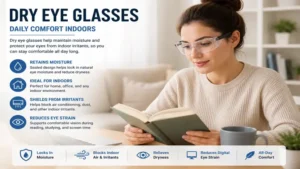 Dry eye glasses used indoors to support eye hydration during daily activities