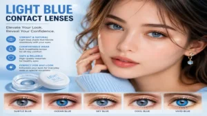 Fashion beauty portrait featuring light blue contact lenses for a striking eye color transformation
