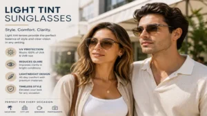 Fashionable light tint sunglasses paired with casual summer clothing for a trendy look.