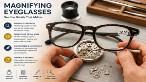 Magnifying eyeglasses supporting precision work such as crafting, repairs, and hobbies