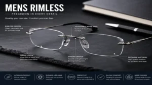 mens rimless eyeglasses close-up highlighting the frameless construction and premium details