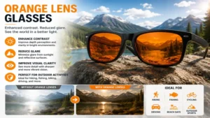 Orange lens glasses providing enhanced contrast and visual clarity for outdoor activities.