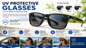 Stylish uv protective glasses with lightweight frames, durable construction, and full UV protection for everyday wear.