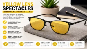 Yellow lens spectacles featuring lightweight construction for comfortable all-day wear