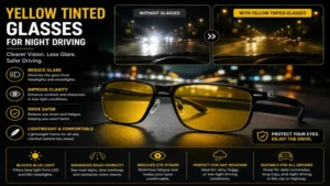 Yellow tinted glasses for night driving highlighting durable construction, comfortable fit, and anti-reflective design