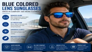 Blue colored lens sunglasses helping reduce sunlight exposure while driving outdoors