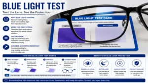 Close-up of a blue light test demonstrating reflective blue light coating on protective eyeglass lenses.