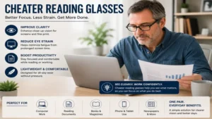 Cheater reading glasses helping improve focus while using a laptop and reading printed documents.
