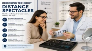 Optician helping a customer choose the best distance spectacles for comfort and everyday use.