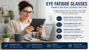 Eye fatigue glasses supporting eye comfort for everyday digital activities and remote work