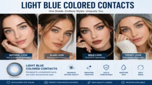 Stylish light blue colored contacts complementing different eye shapes and personal styles.