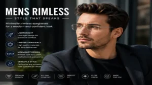 mens rimless eyeglasses complementing a stylish and contemporary fashion look