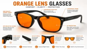 Close-up view of orange lens glasses showing tinted lenses and lightweight frame design.