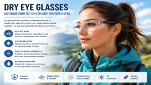 Dry eye glasses helping shield sensitive eyes from wind and dry outdoor conditions