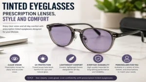 Prescription tinted eyeglasses with lightweight frame and colored lenses
