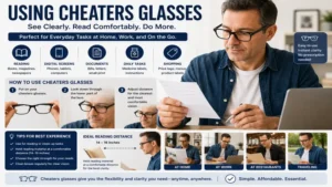 Cheaters glasses being used for reading documents and viewing digital screens
