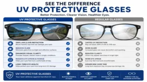 Comparison showing how uv protective glasses provide better UV protection and clearer vision than regular glasses.