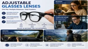 Adjustable glasses lenses supporting reading, computer work, driving, and outdoor activities