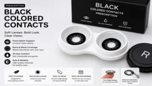 Product display of black colored contacts prescription lenses with safe and comfortable design