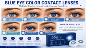 Blue eye color contact lenses available in different shades to match various styles