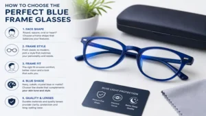 Blue frame glasses with a protective case and cleaning cloth for daily use.