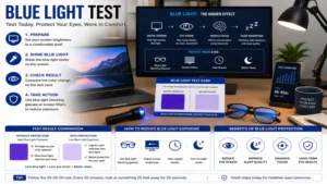 Blue light test in a modern digital workspace featuring blue light blocking glasses, monitor, and mobile devices.