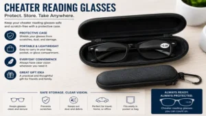 Cheater reading glasses stored in a protective carrying case to prevent scratches during travel and storage.