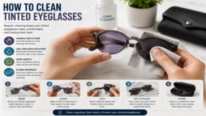 Cleaning tinted eyeglasses using a microfiber cloth to keep lenses clear