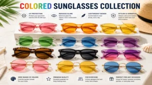 Collection of colored sunglasses with colorful frames and lenses