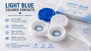 Light blue colored contacts stored safely in a clean contact lens case before use.