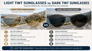 Comparison of light tint sunglasses and dark tint sunglasses to highlight visibility differences.