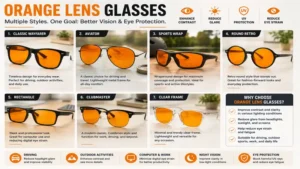 Different styles of orange lens glasses suitable for everyday wear and eye protection.
