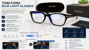 Tom ford blue light glasses displayed on a desk with a laptop for a productive workspace