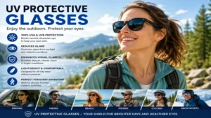 A woman wearing uv protective glasses while hiking beside a mountain lake on a bright sunny day for reliable eye protection.