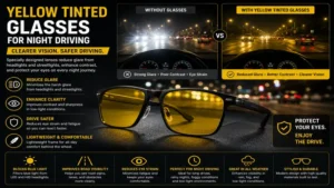 Yellow tinted glasses for night driving placed on a car dashboard before an evening drive
