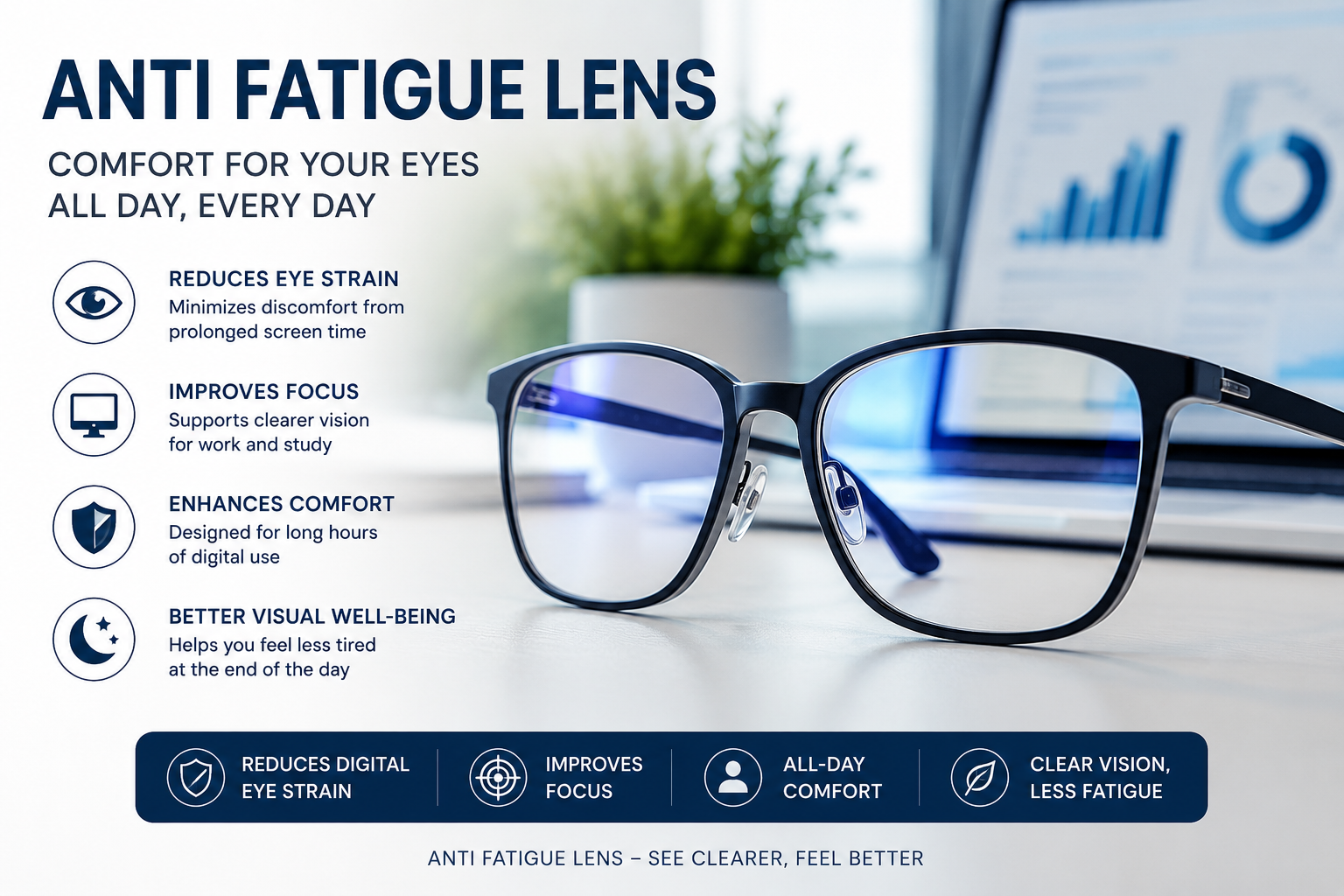 Anti fatigue lens designed to reduce digital eye strain and improve visual comfort throughout the day.