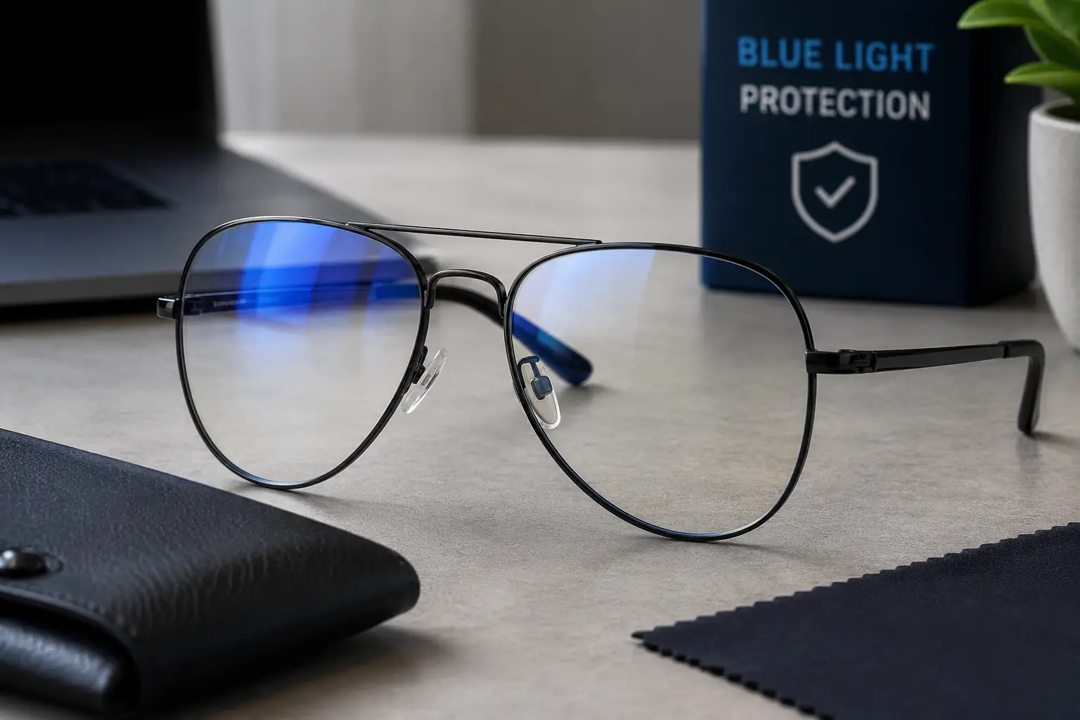 Aviator blue light glasses with thin metal frames and blue-tinted lenses displayed on a modern desk.