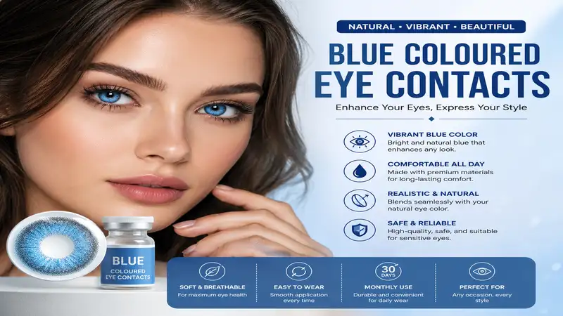 Blue coloured eye contacts displayed on a model for a natural and vibrant eye color transformation.