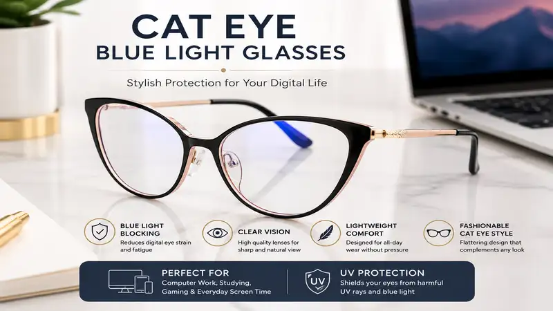Cat eye blue light glasses with stylish frames designed to reduce digital eye strain during everyday screen use