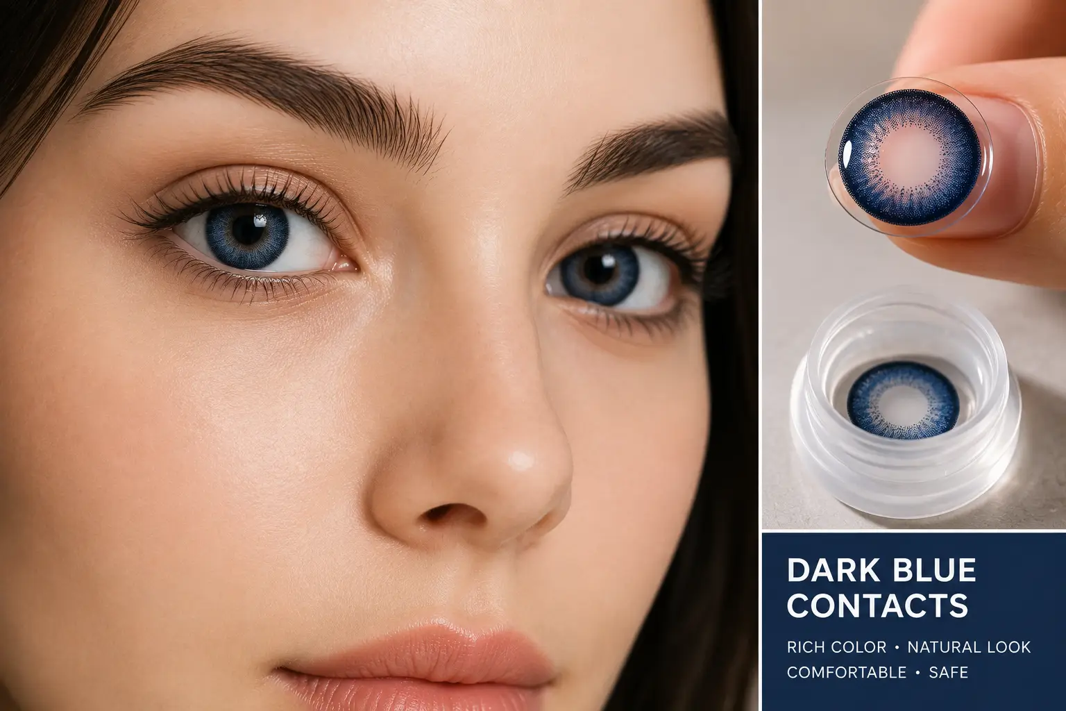 Dark blue contacts shown on a woman's eyes with a close-up view of a blue contact lens in its case.