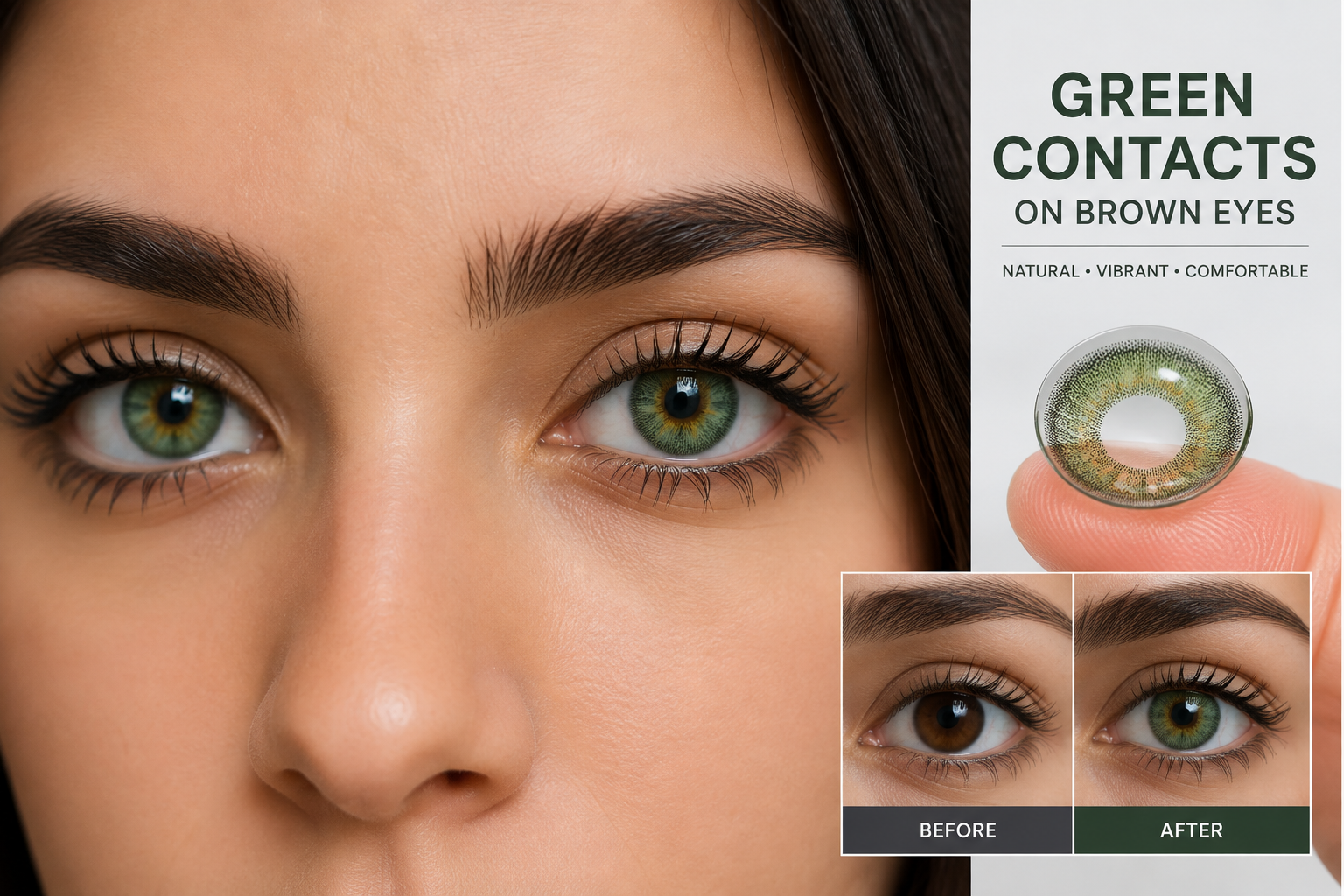 green contacts on brown eyes creating a natural and vibrant eye color transformation