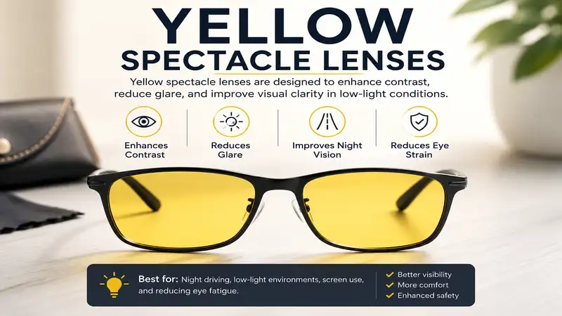 Yellow spectacle lenses designed to enhance contrast, reduce glare, and improve visual clarity in low-light conditions.
